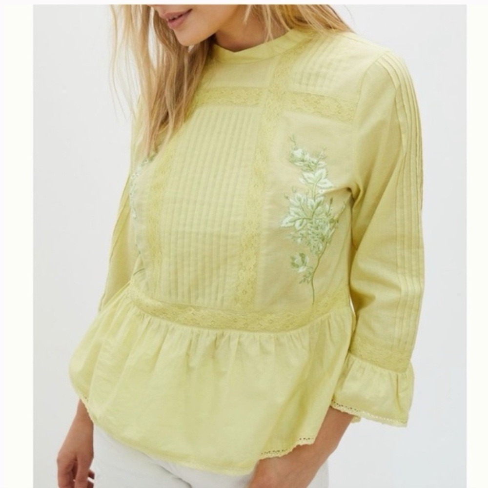 Anthropologie Duet Women's Blouse Yellow Embroidered Cotton Size Medium Boho‎